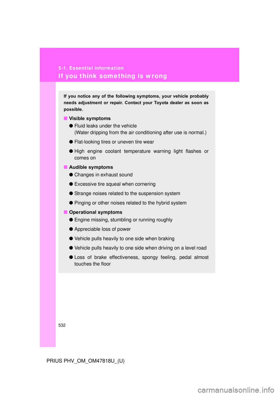 TOYOTA PRIUS PHV 2012  Owners Manual 532
5-1. Essential information
PRIUS PHV_OM_OM47818U_(U)
If you think something is wrong
If  you  notice  any  of the  following  symptoms,  your  vehicle  probably
needs  adjustment  or  repair.  Con