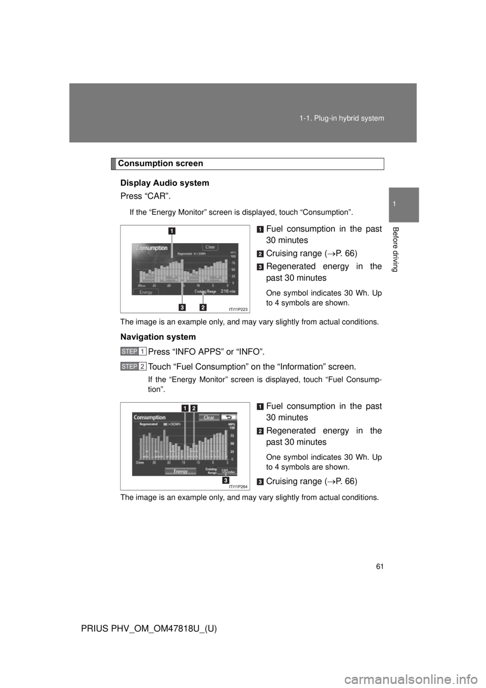 TOYOTA PRIUS PHV 2012  Owners Manual 61
1-1. Plug-in hybrid system
1
Before driving
PRIUS PHV_OM_OM47818U_(U)
Consumption screen
Display Audio system
Press “CAR”.
If the “Energy Monitor” screen is displayed, touch “Consumption