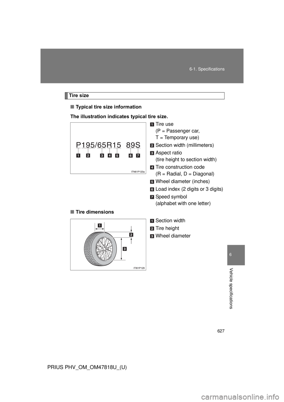 TOYOTA PRIUS PHV 2012  Owners Manual 627
6-1. Specifications
6
Vehicle specifications
PRIUS PHV_OM_OM47818U_(U)
Tire size
■ Typical tire size information
The illustration indicates typical tire size. Tire use
(P = Passenger car, 
T = T