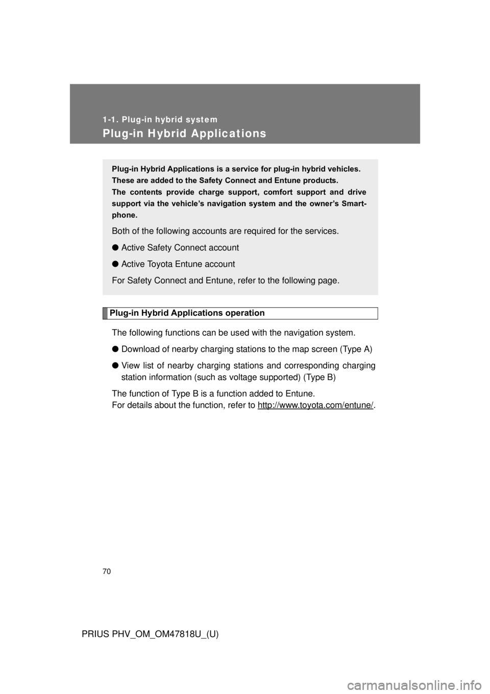 TOYOTA PRIUS PHV 2012  Owners Manual 70
1-1. Plug-in hybrid system
PRIUS PHV_OM_OM47818U_(U)
Plug-in Hybrid Applications
Plug-in Hybrid Applications operationThe following functions can be us ed with the navigation system.
● Download o