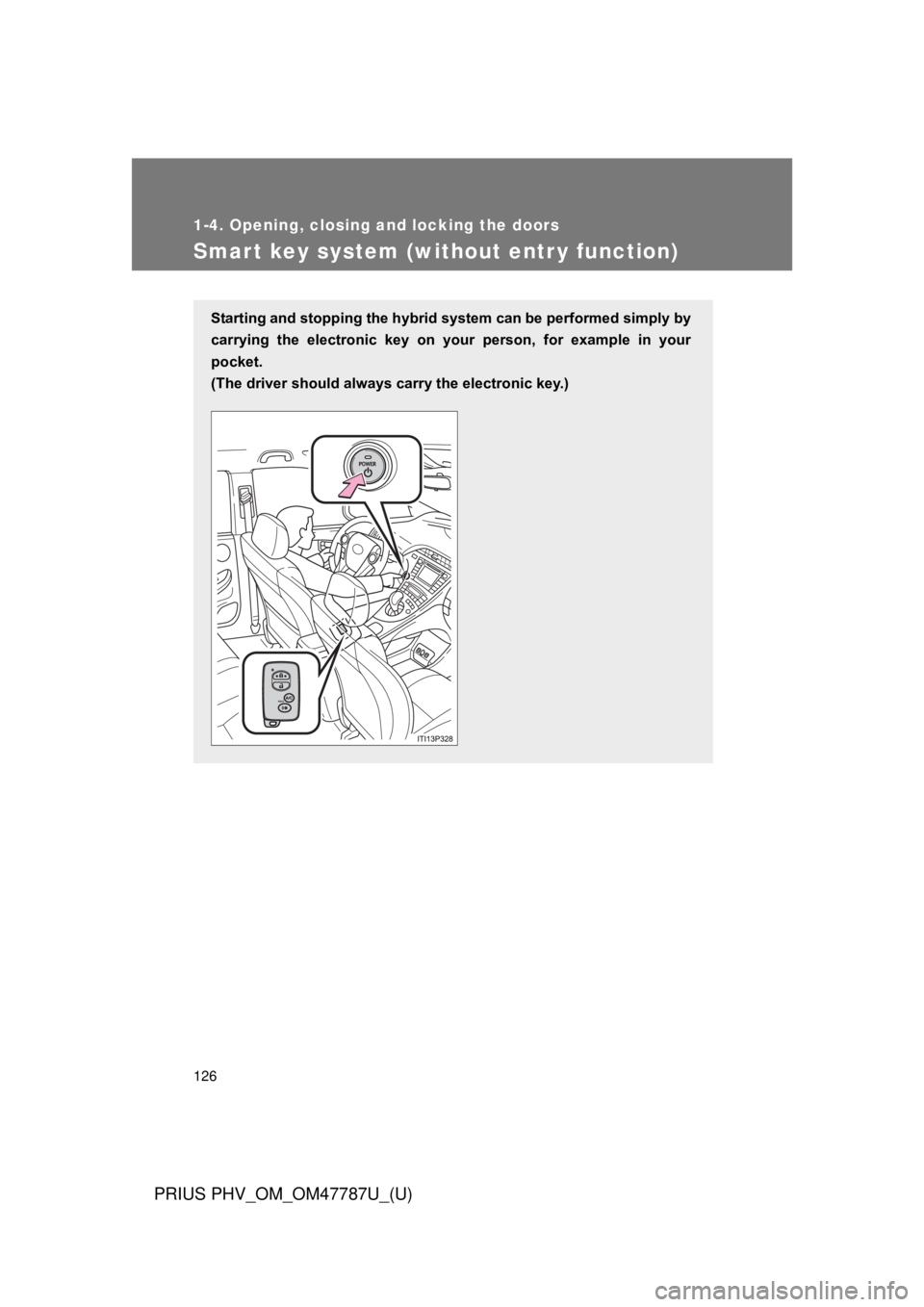 TOYOTA PRIUS PHV 2013  Owners Manual 126
1-4. Opening, closing and locking the doors
PRIUS PHV_OM_OM47787U_(U)
Smart key system (without entr y function)
Starting and stopping the hybrid system can be performed simply by
carrying  the  e