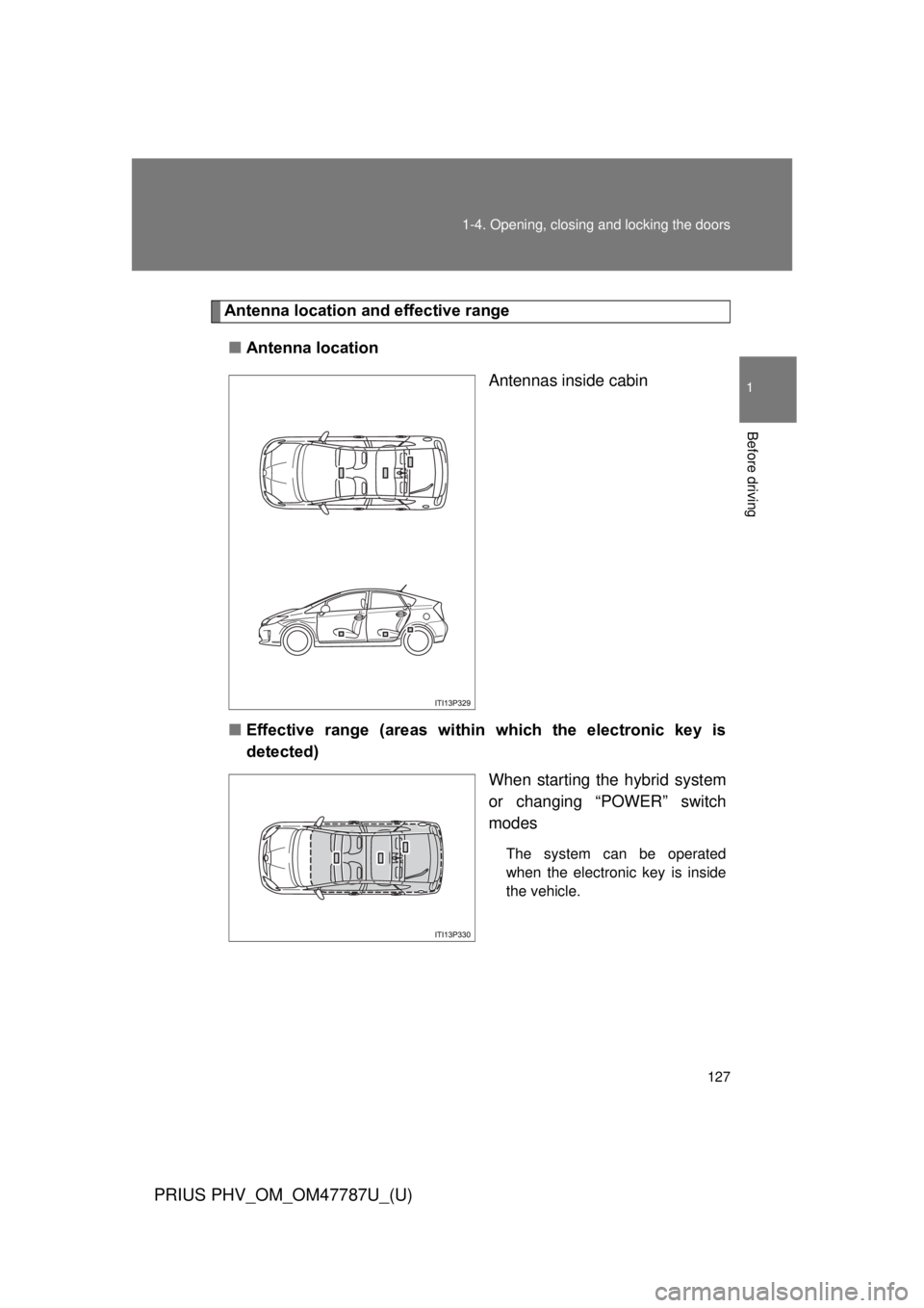 TOYOTA PRIUS PHV 2013  Owners Manual 127
1-4. Opening, closing and locking the doors
1
Before driving
PRIUS PHV_OM_OM47787U_(U)
Antenna location a
nd effective range
■ Antenna location
Antennas inside cabin
■ Effective  range  (areas