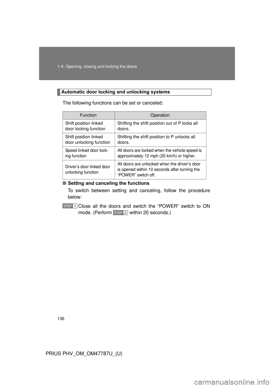 TOYOTA PRIUS PHV 2013  Owners Manual 136 1-4. Opening, closing and locking the doors
PRIUS PHV_OM_OM47787U_(U)
Automatic door locking and unlocking systemsThe following functions can be set or canceled:
■ Setting and canceling the func