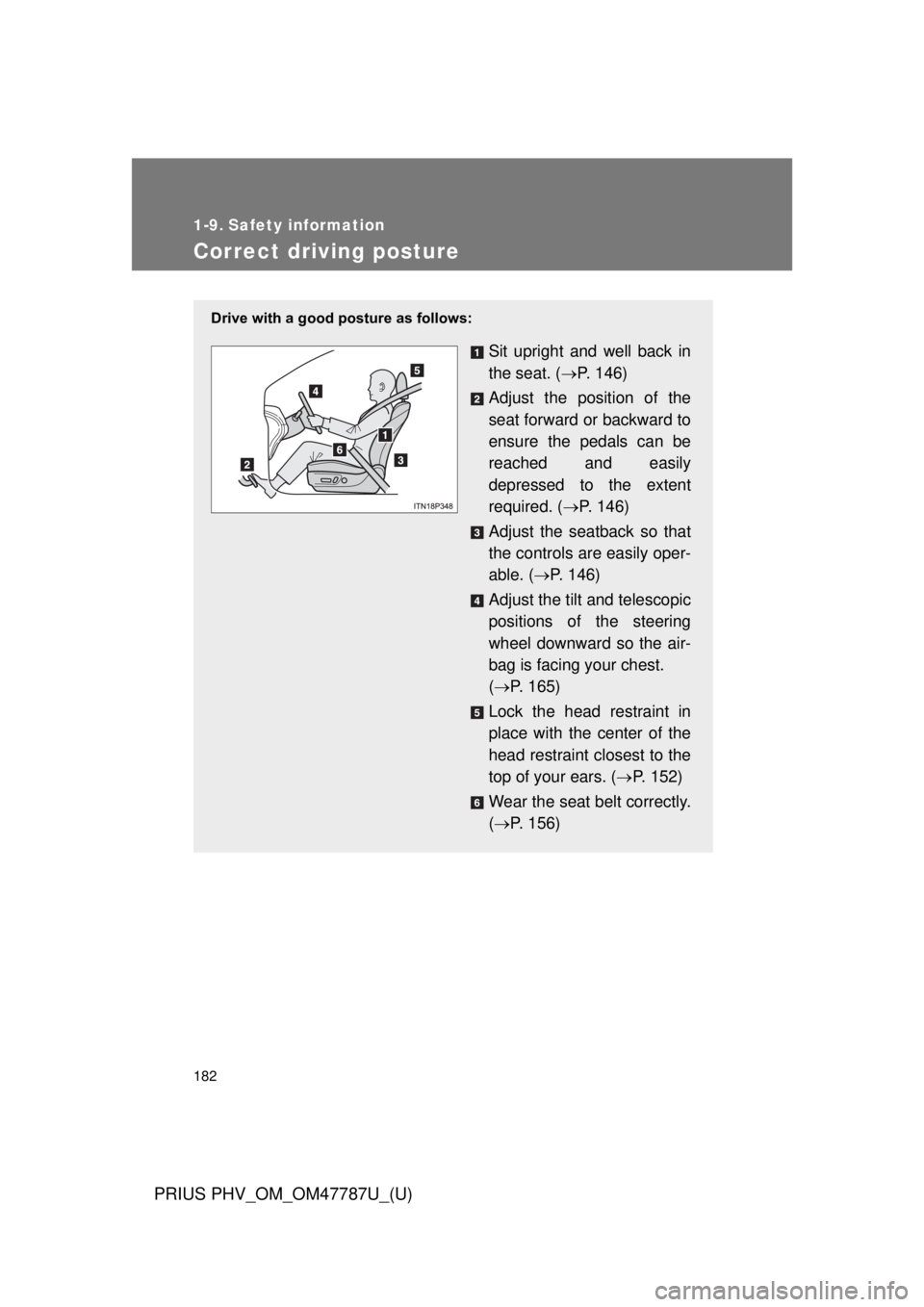 TOYOTA PRIUS PHV 2013  Owners Manual 182
PRIUS PHV_OM_OM47787U_(U)
1-9. Safety information
Correct driving posture
Drive with a good posture as follows:
Sit upright and well back in
the seat. (P. 146)
Adjust the position of the
seat f