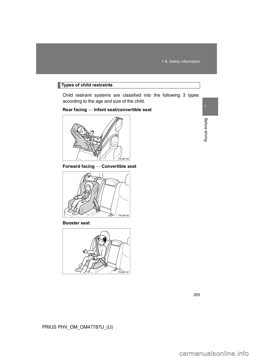 TOYOTA PRIUS PHV 2013  Owners Manual 205
1-9. Safety information
1
Before driving
PRIUS PHV_OM_OM47787U_(U)
Types of child restraints
Child restraint systems are classi fied into the following 3 types
according to the age and size of the
