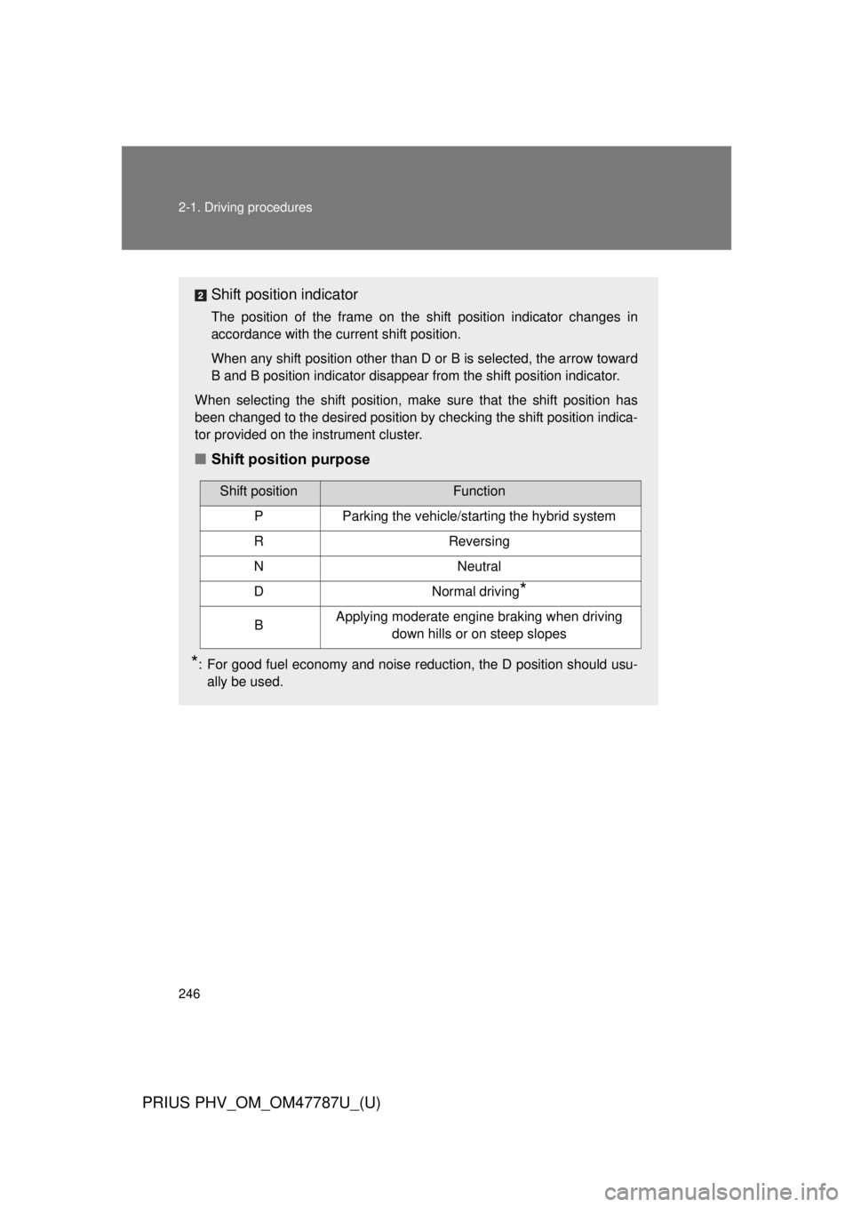 TOYOTA PRIUS PHV 2013  Owners Manual 246 2-1. Driving procedures
PRIUS PHV_OM_OM47787U_(U)
Shift position indicator
The position of the frame on the shift position indicator changes in
accordance with the current shift position.
When any