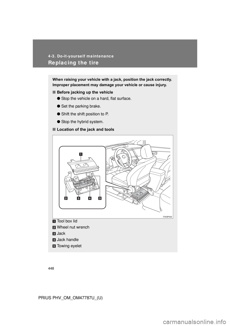 TOYOTA PRIUS PHV 2013  Owners Manual 448
4-3. Do-it-yourself maintenance
PRIUS PHV_OM_OM47787U_(U)
Replacing the tire
When raising your vehicle with a jack, position the jack correctly.
Improper placement may damage your vehicle or cause