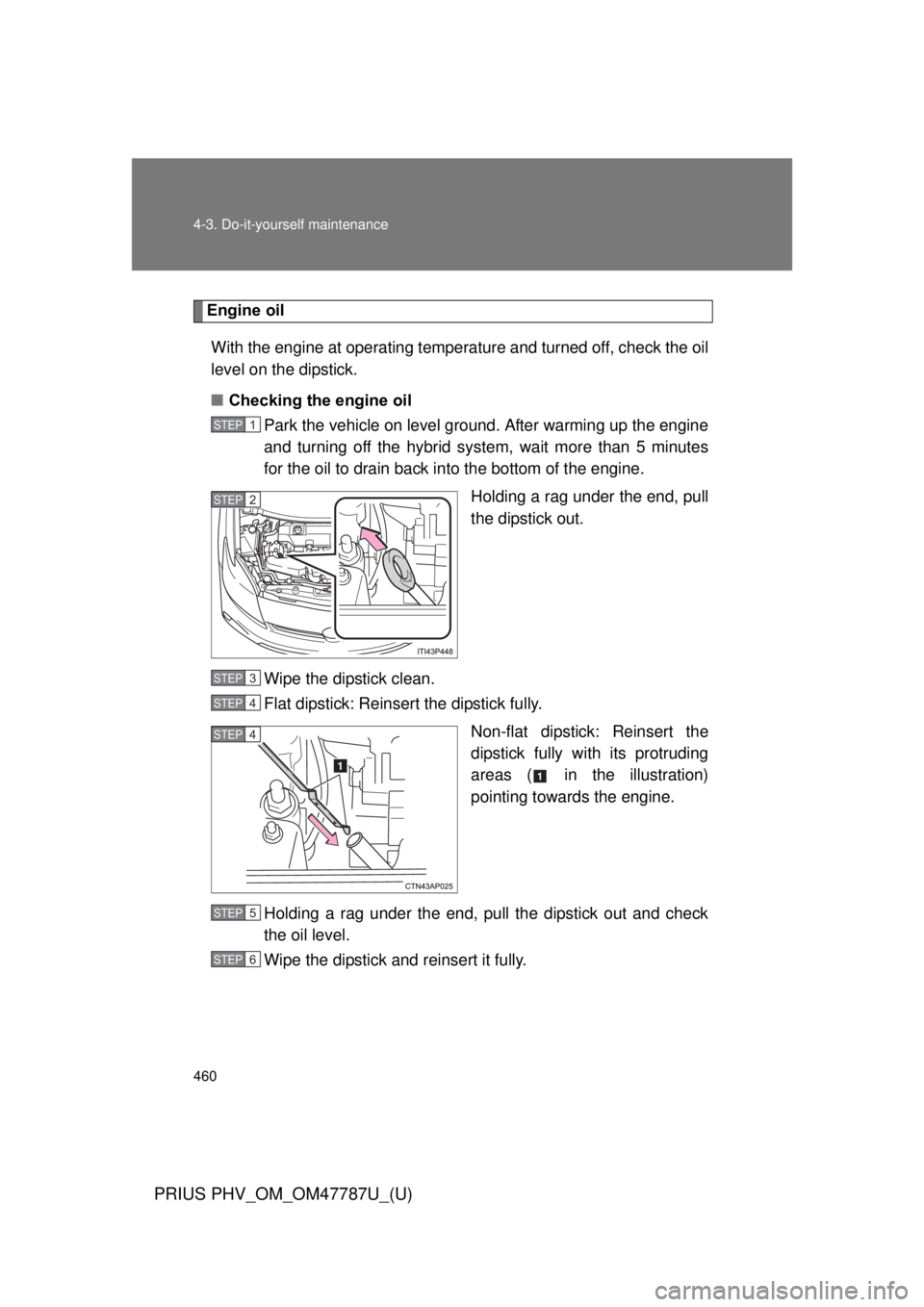 TOYOTA PRIUS PHV 2013  Owners Manual 460 4-3. Do-it-yourself maintenance
PRIUS PHV_OM_OM47787U_(U)
Engine oilWith the engine at operating temperature and turned off, check the oil
level on the dipstick.
■ Checking the engine oil
Park t