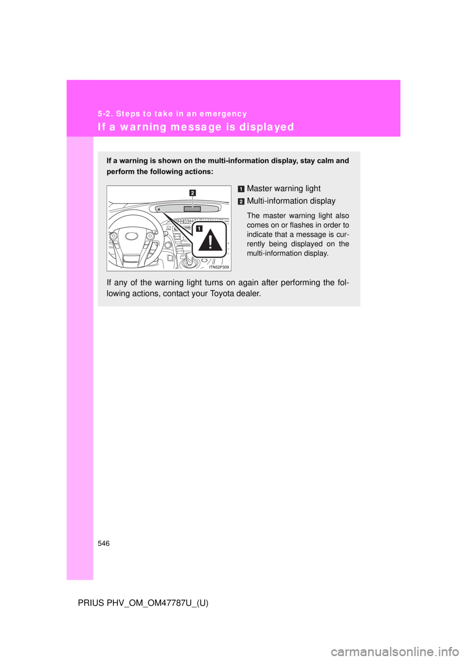 TOYOTA PRIUS PHV 2013  Owners Manual 546
5-2. Steps to take in an emergency
PRIUS PHV_OM_OM47787U_(U)
If a warning message is displayed
If a warning is shown on the multi-information display, stay calm and
perform the following actions:
