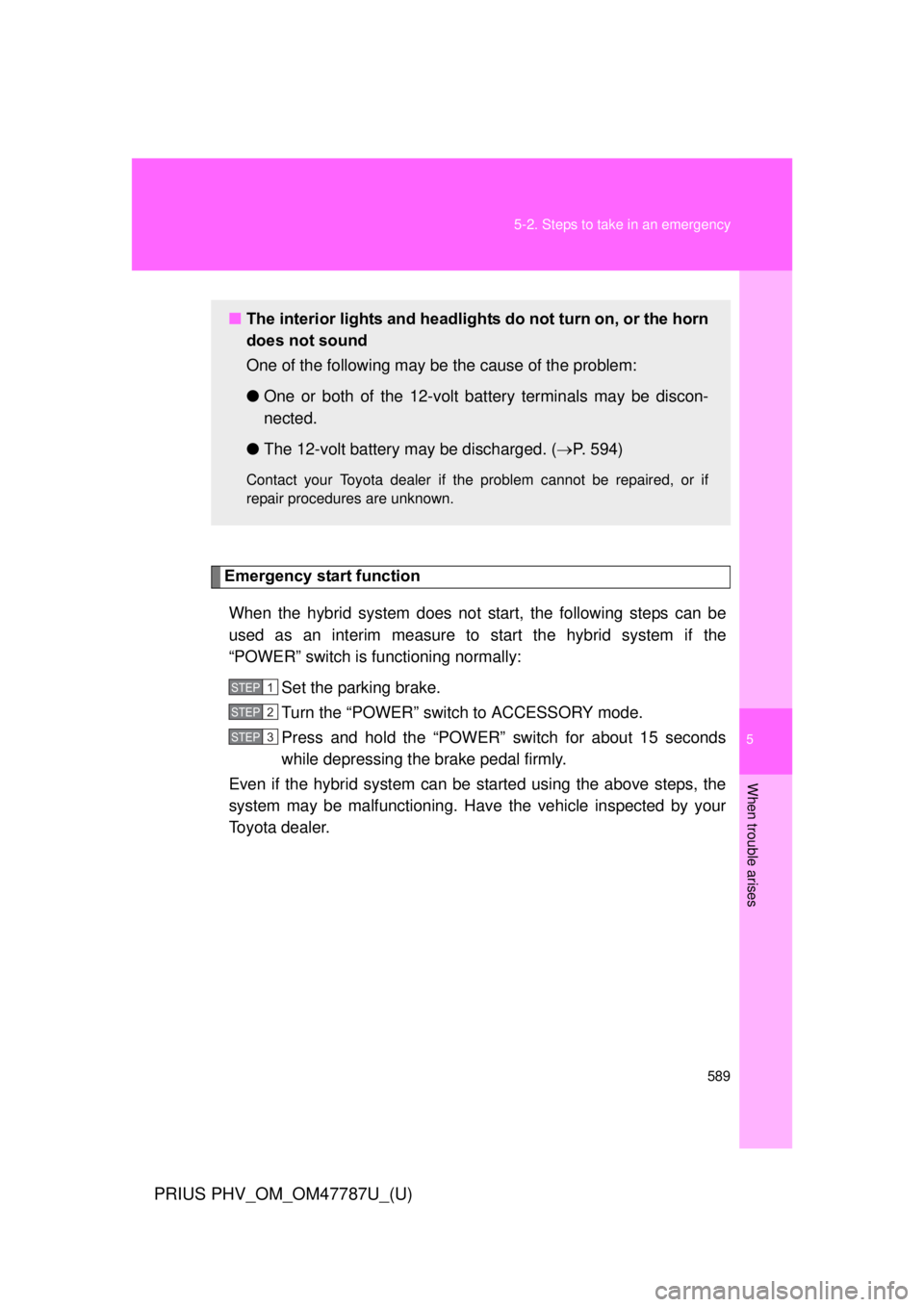 TOYOTA PRIUS PHV 2013  Owners Manual 5
When trouble arises
589
5-2. Steps to take in an emergency
PRIUS PHV_OM_OM47787U_(U)
Emergency start function
When the hybrid system does not start, the following steps can be
used as an interim mea