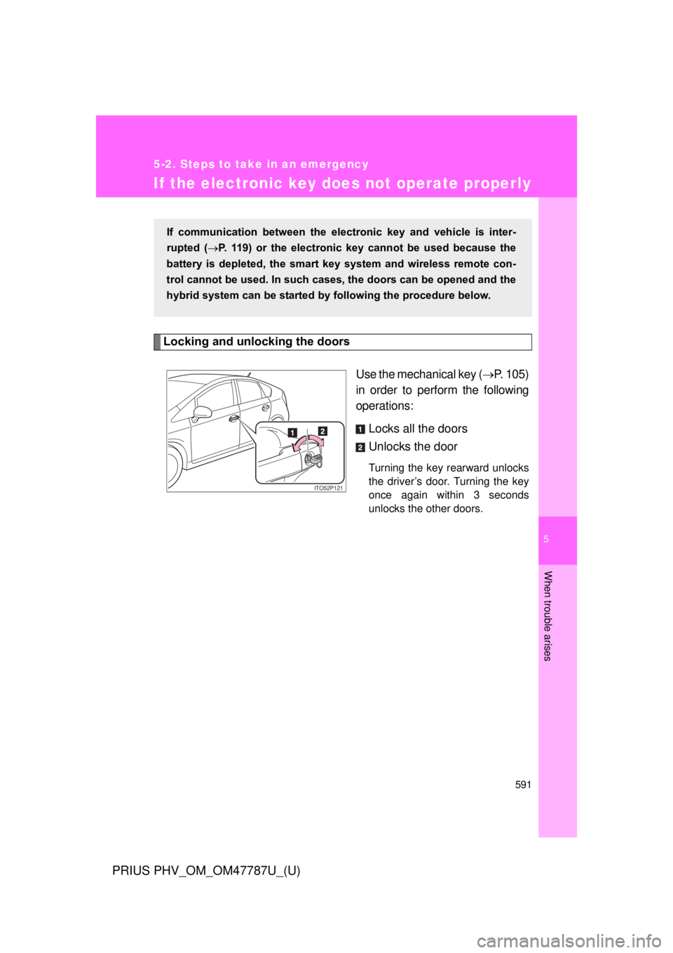 TOYOTA PRIUS PHV 2013  Owners Manual 5
When trouble arises
591
5-2. Steps to take in an emergency
PRIUS PHV_OM_OM47787U_(U)
If the electronic key does not operate properly
Locking and unlocking the doorsUse the mechanical key (P. 105)