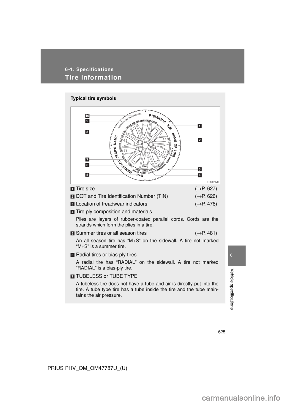 TOYOTA PRIUS PHV 2013  Owners Manual 625
6-1. Specifications
6
Vehicle specifications
PRIUS PHV_OM_OM47787U_(U)
Tire infor mation
Typical tire symbols
Tire size( P. 627)
DOT and Tire Identification Number (TIN) ( P. 626)
Location o