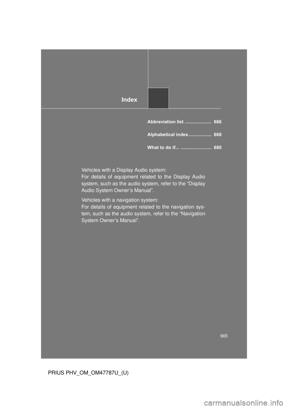 TOYOTA PRIUS PHV 2013  Owners Manual Index
665
PRIUS PHV_OM_OM47787U_(U)
Abbreviation list .....................  666
Alphabetical index ..................  668
What to do if... ........................  680
Vehicles with a Display Audio