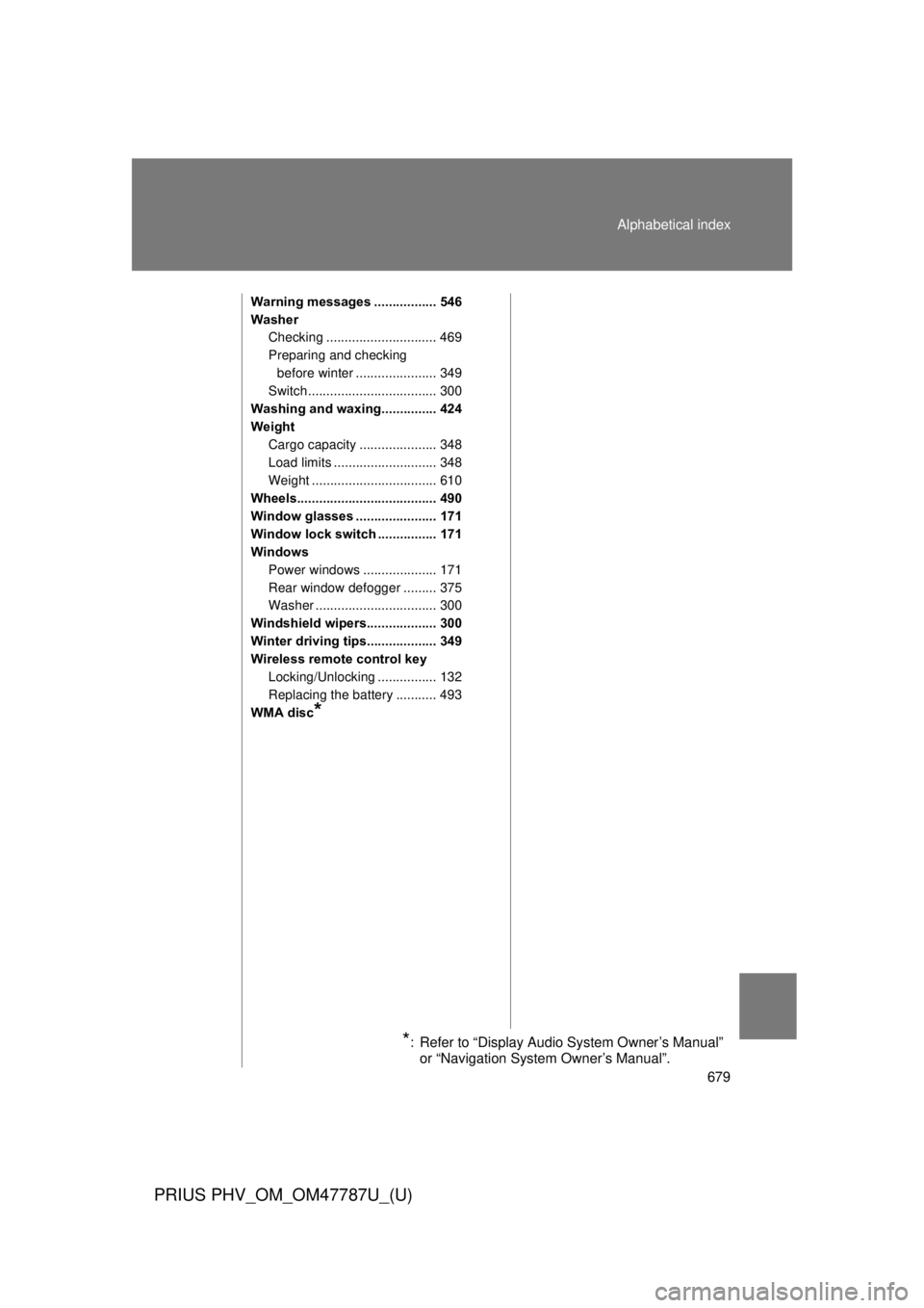 TOYOTA PRIUS PHV 2013  Owners Manual 679
Alphabetical index
PRIUS PHV_OM_OM47787U_(U)
Warning messages ................. 546
Washer
Checking .............................. 469
Preparing and checking 
before winter ...................... 