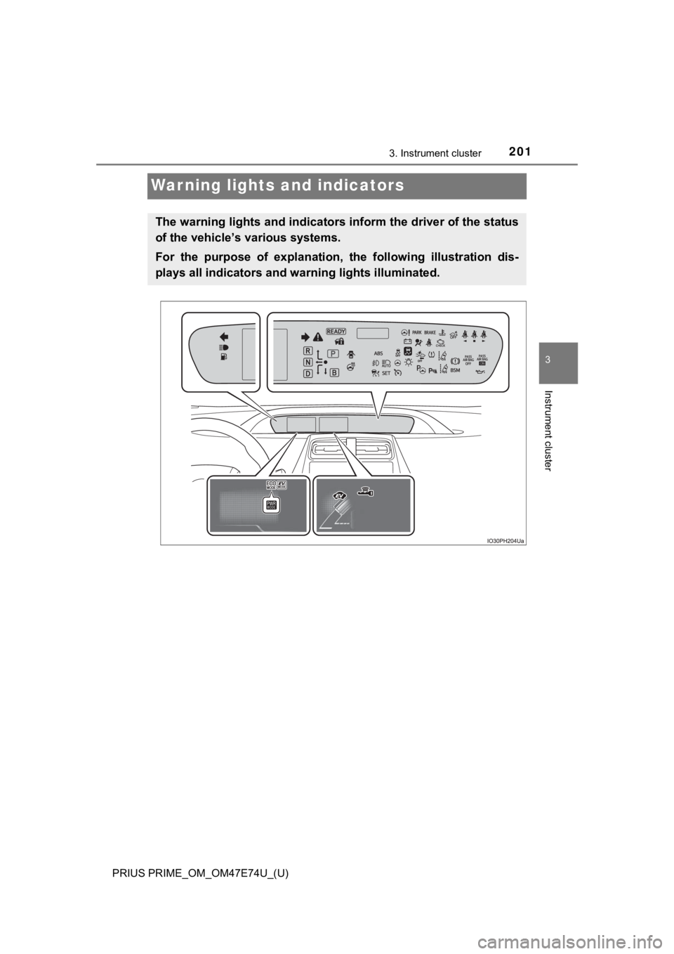 TOYOTA PRIUS PRIME 2022  Owners Manual 201
PRIUS PRIME_OM_OM47E74U_(U)
3. Instrument cluster
3
Instrument cluster
Warning lights and indicators
The warning lights and indicators inform the driver of the status
of the vehicle’s various sy