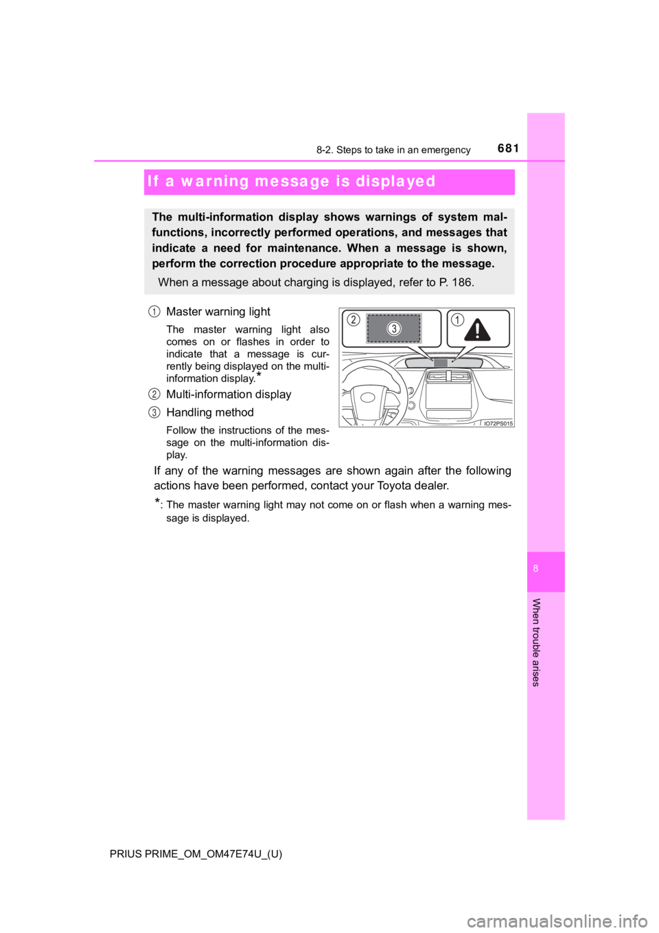 TOYOTA PRIUS PRIME 2022  Owners Manual 681
PRIUS PRIME_OM_OM47E74U_(U)
8
When trouble arises
8-2. Steps to take in an emergency
If  a warning message is displayed
Master warning light
The  master  warning  light  also
comes  on  or  flashe