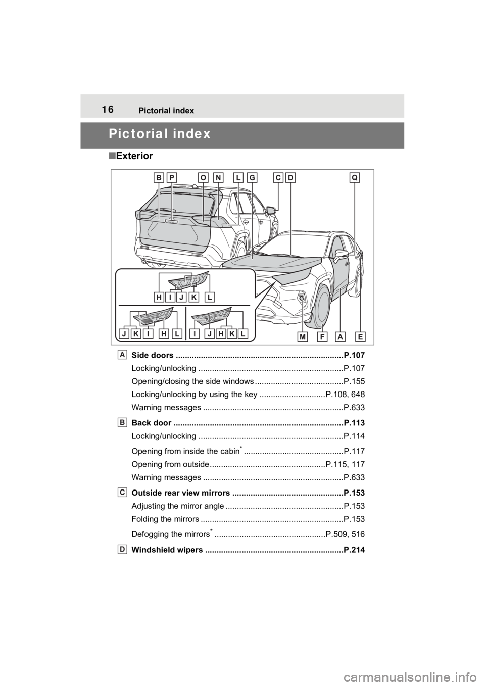 TOYOTA RAV4 2022  Owners Manual 16Pictorial index
Pictorial index
■Exterior
Side doors ......... ................................. ................................P.107
Locking/unlocking ...........................................