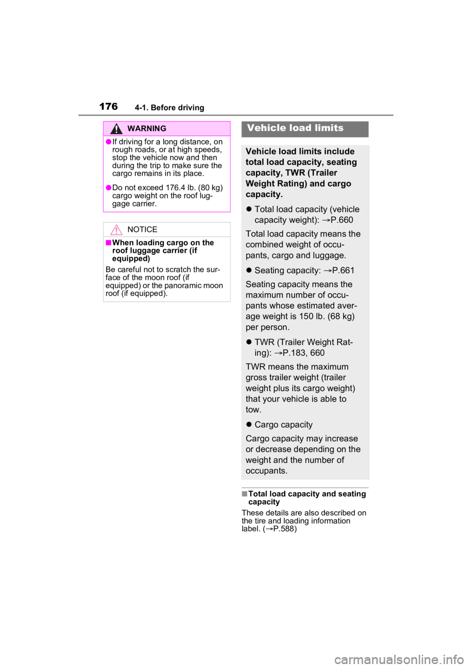 TOYOTA RAV4 2022  Owners Manual 1764-1. Before driving
■Total load capacity and seating 
capacity
These details are also described on 
the tire and loading information 
label. ( P.588)
WARNING
●If driving for a long distance,