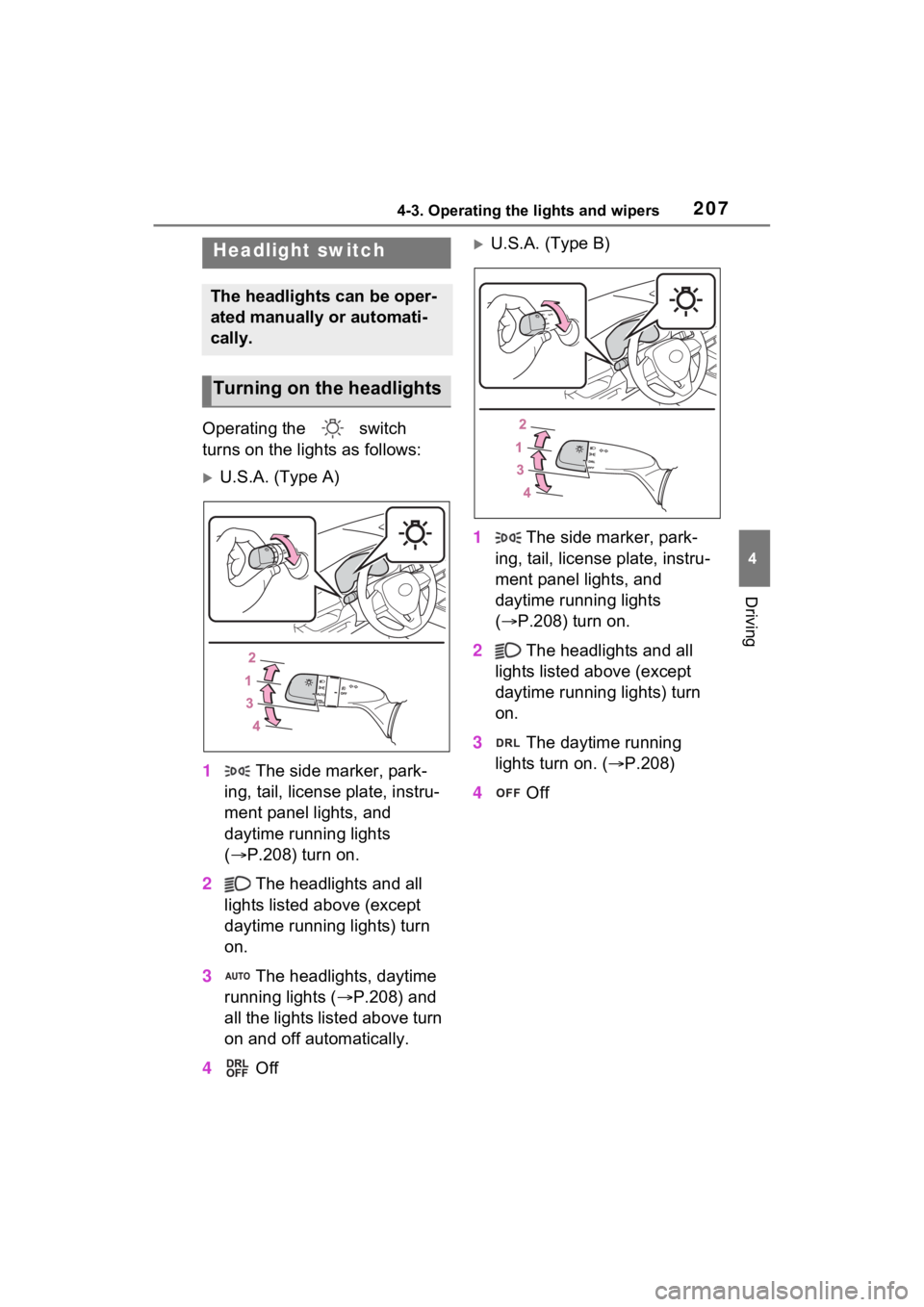 TOYOTA RAV4 2022  Owners Manual 2074-3. Operating the lights and wipers
4
Driving
4-3.Operating the lights and wipers
Operating the   switch 
turns on the lights as follows:
U.S.A. (Type A)
1  The side marker, park-
ing, tail, li