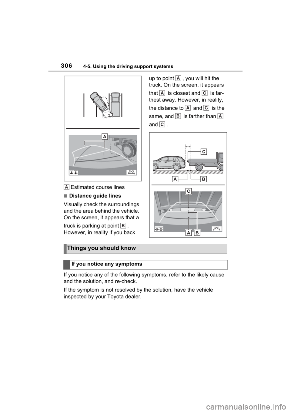 TOYOTA RAV4 2022  Owners Manual 3064-5. Using the driving support systems
Estimated course lines
■Distance guide lines
Visually check the surroundings 
and the area behind the vehicle. 
On the screen, it appears that a 
truck is p