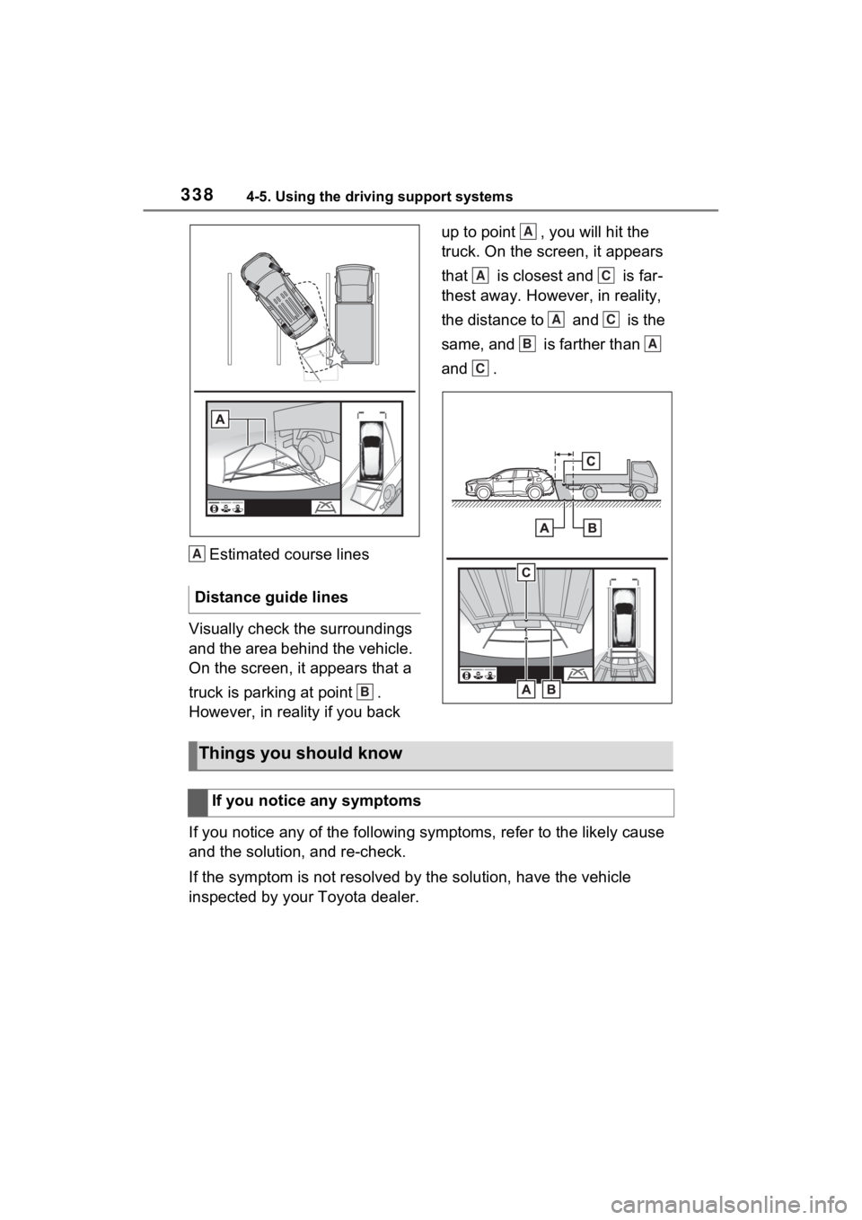 TOYOTA RAV4 2022  Owners Manual 3384-5. Using the driving support systems
Estimated course lines
Visually check the surroundings 
and the area behind the vehicle. 
On the screen, it appears that a 
truck is parking at point  . 
Howe