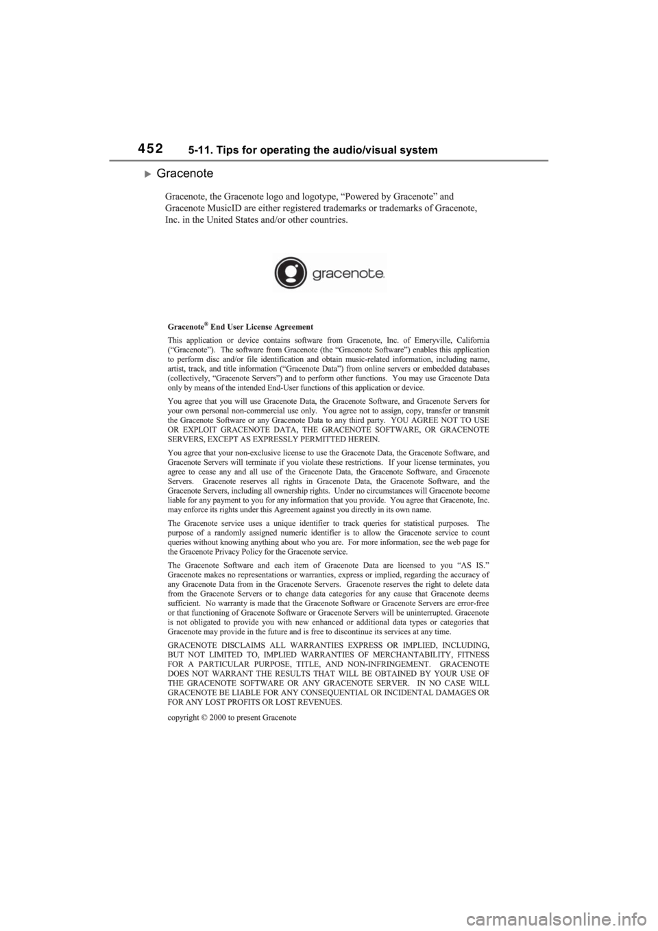 TOYOTA RAV4 2022  Owners Manual 4525-11. Tips for operating the audio/visual system
Gracenote 