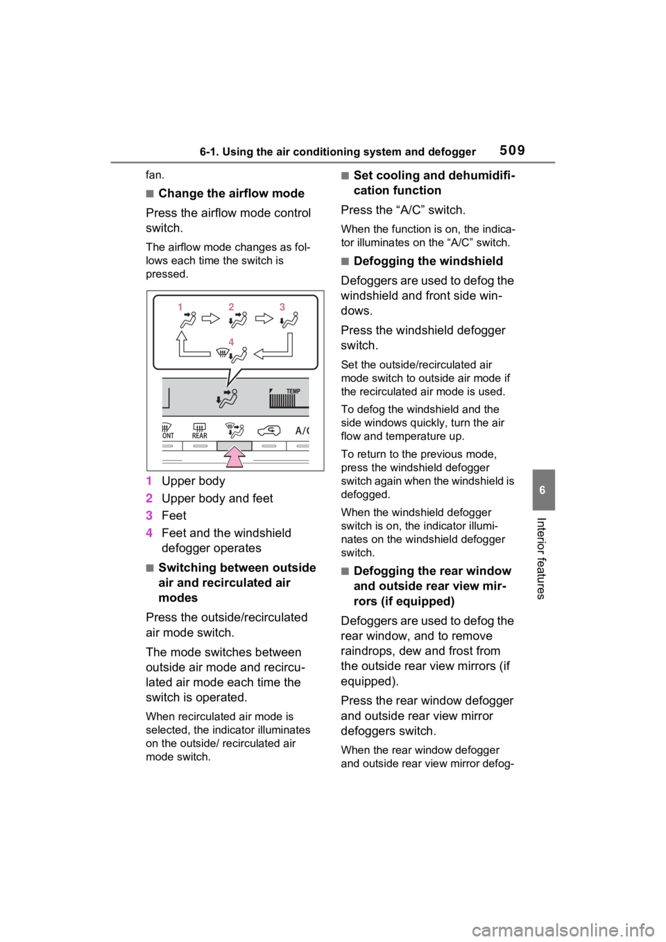 TOYOTA RAV4 2022  Owners Manual 5096-1. Using the air conditioning system and defogger
6
Interior features
fan.
■Change the airflow mode
Press the airflow mode control 
switch.
The airflow mode changes as fol-
lows each time the s