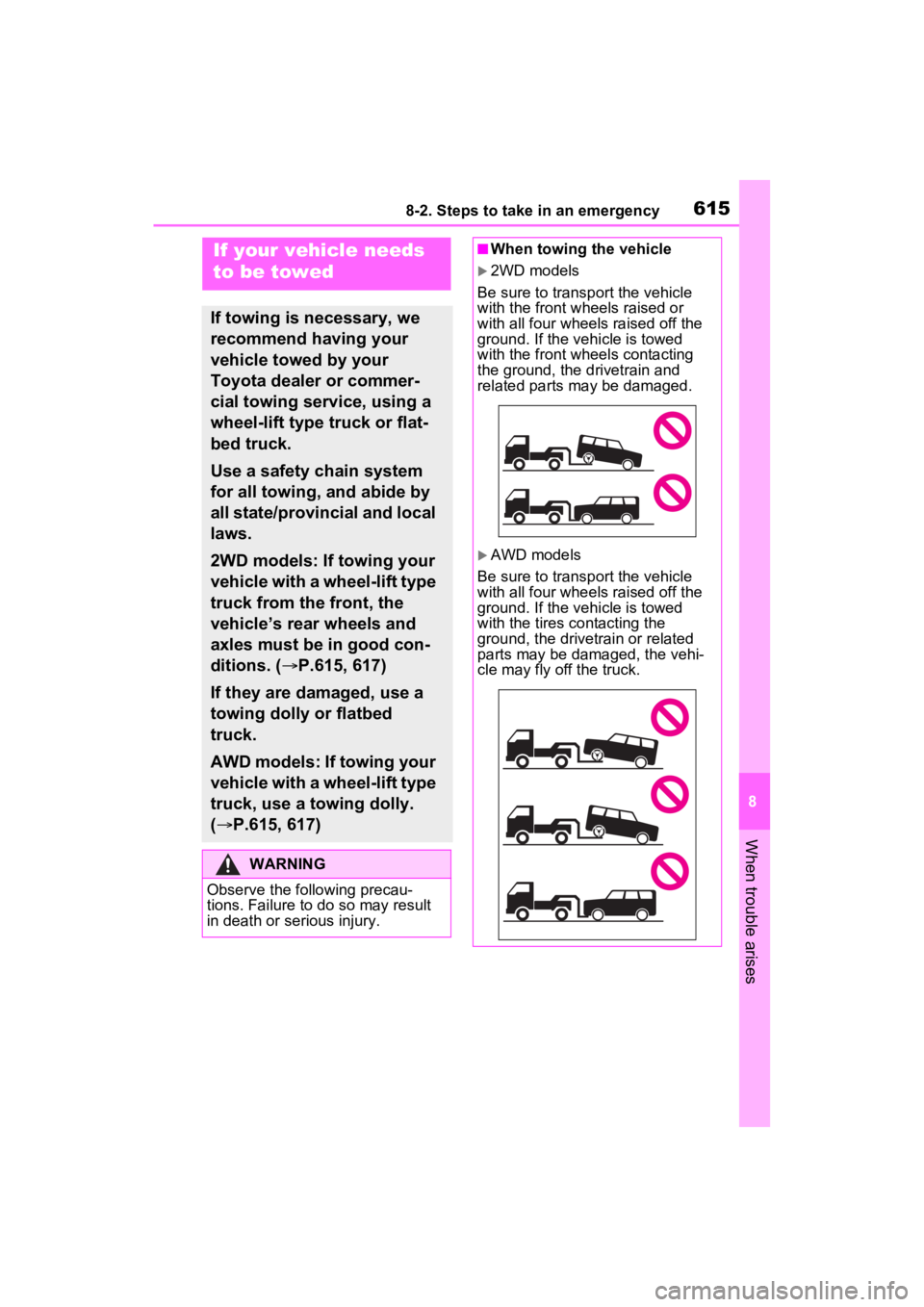 TOYOTA RAV4 2022  Owners Manual 6158-2. Steps to take in an emergency
8
When trouble arises
8-2.Steps to take in an emergency
If your vehicle needs 
to be towed
If towing is necessary, we 
recommend having your 
vehicle towed by you