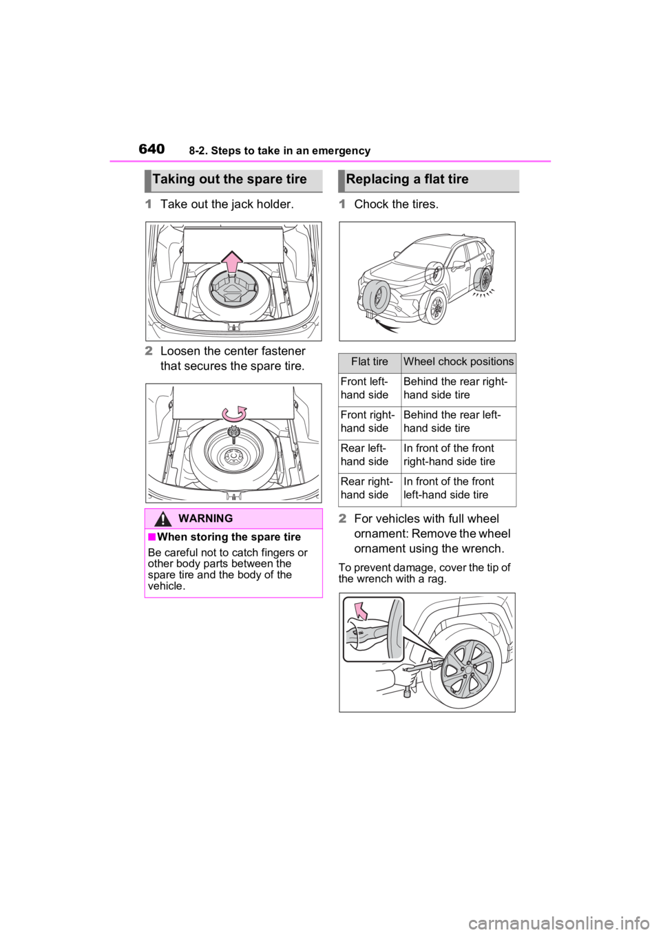 TOYOTA RAV4 2022  Owners Manual 6408-2. Steps to take in an emergency
1Take out the jack holder.
2 Loosen the center fastener 
that secures the spare tire. 1
Chock the tires.
2 For vehicles with full wheel 
ornament: Remove the whee