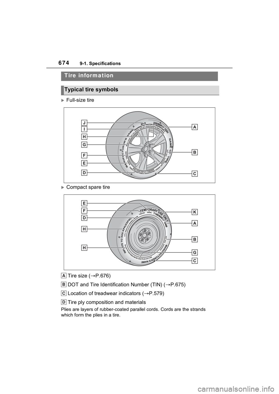 TOYOTA RAV4 2022  Owners Manual 6749-1. Specifications
Full-size tire
Compact spare tireTire size ( P.676)
DOT and Tire Identification Number (TIN) ( P.675)
Location of treadwear indicators ( P.579)
Tire ply compositi
