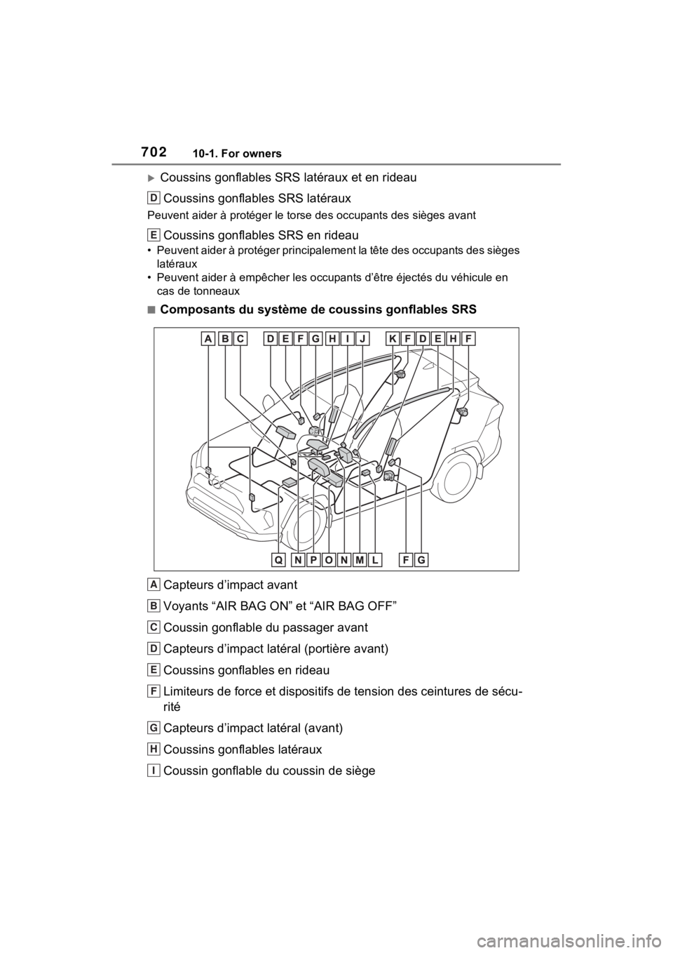 TOYOTA RAV4 2022  Owners Manual 70210-1. For owners
Coussins gonflables SRS latéraux et en rideauCoussins gonflables SRS latéraux
Peuvent aider à protéger le torse des occupants des sièges avan t
Coussins gonflables SRS en r