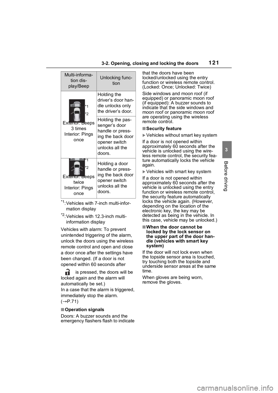 TOYOTA RAV4 2023  Owners Manual 1213-2. Opening, closing and locking the doors
3
Before driving
*1: Vehicles with 7-inch multi-infor-
mation display
*2: Vehicles with 12.3-inch multi-information display
Vehicles with alarm: To preve