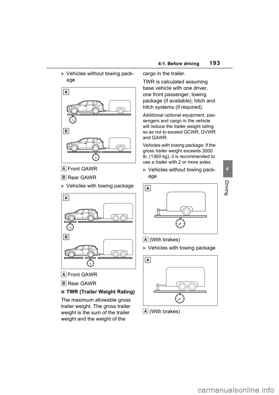TOYOTA RAV4 2023  Owners Manual 1934-1. Before driving
4
Driving
Vehicles without towing pack-
ageFront GAWR
Rear GAWR
Vehicles with towing packageFront GAWR
Rear GAWR
■TWR (Trailer Weight Rating)
The maximum allowable gross