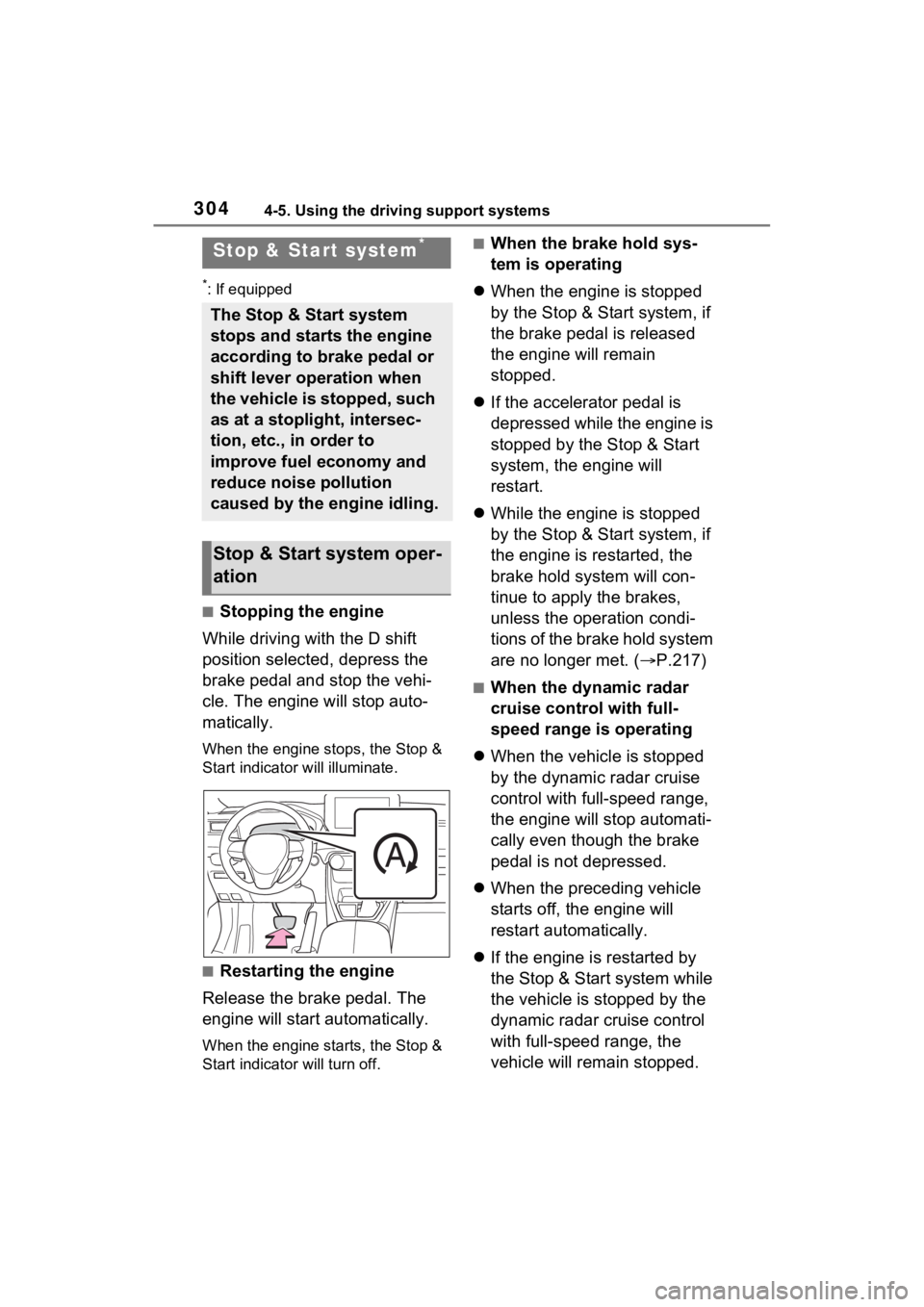 TOYOTA RAV4 2023  Owners Manual 3044-5. Using the driving support systems
*: If equipped
■Stopping the engine
While driving with the D shift 
position selected, depress the 
brake pedal and stop the vehi-
cle. The engine will stop