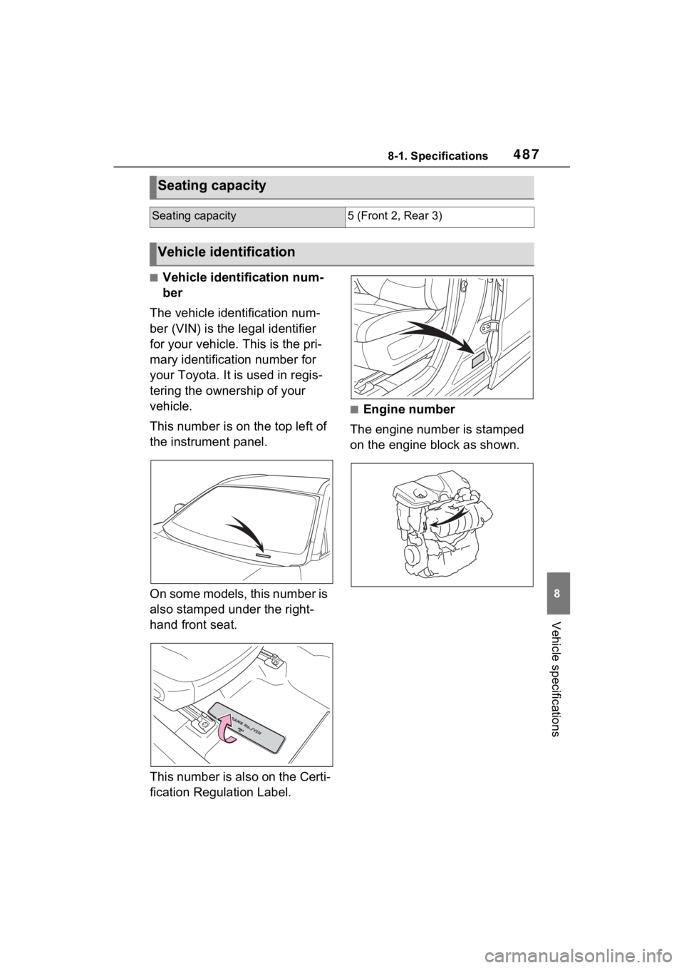TOYOTA RAV4 2023  Owners Manual 4878-1. Specifications
8
Vehicle specifications
■Vehicle identification num-
ber
The vehicle identification num-
ber (VIN) is the legal identifier 
for your vehicle. This is the pri-
mary identifica