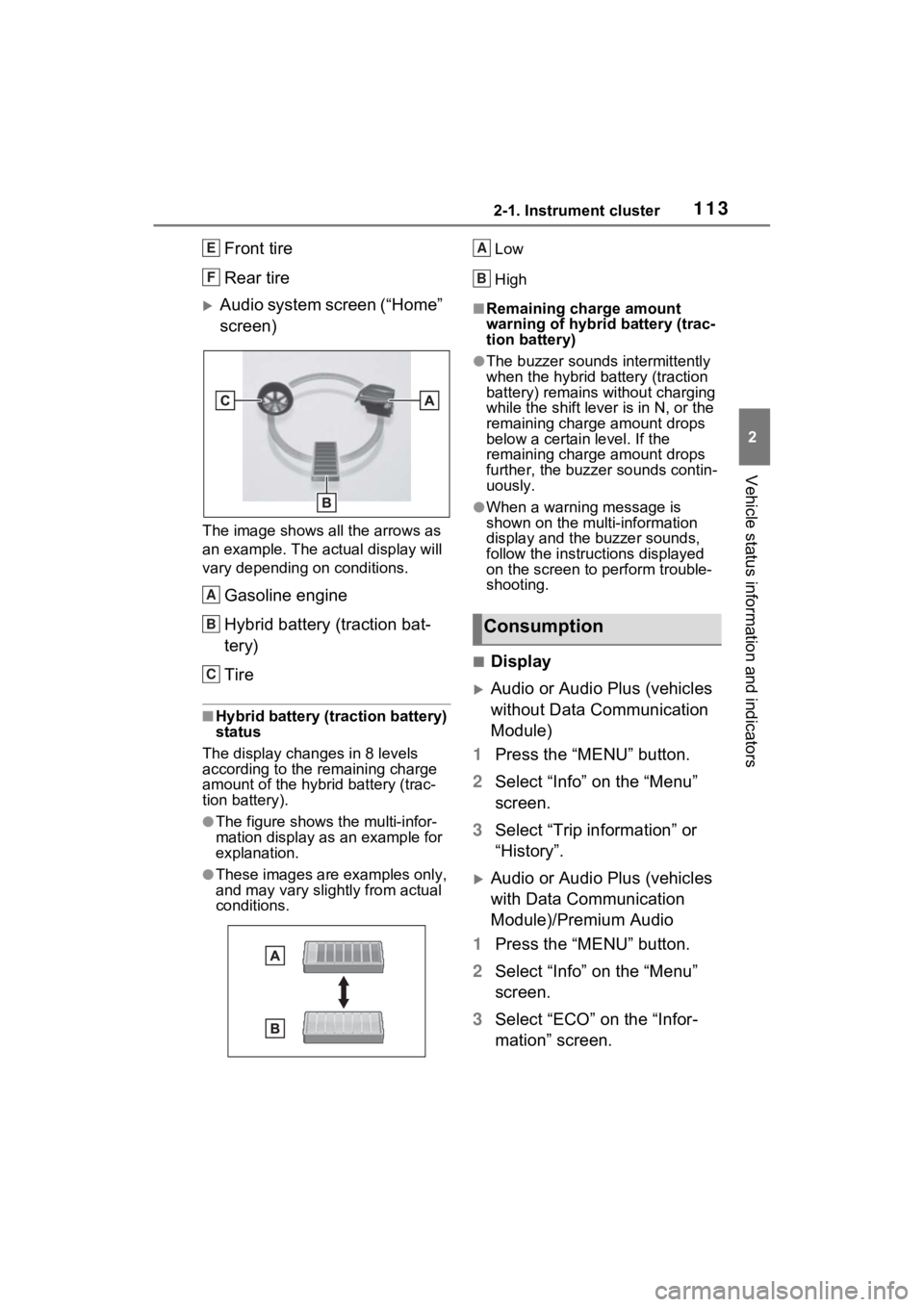 TOYOTA RAV4 HYBRID 2022  Owners Manual 1132-1. Instrument cluster
2
Vehicle status information and indicators
Front tire
Rear tire
Audio system screen (“Home” 
screen)
The image shows all the arrows as 
an example. The actual displa