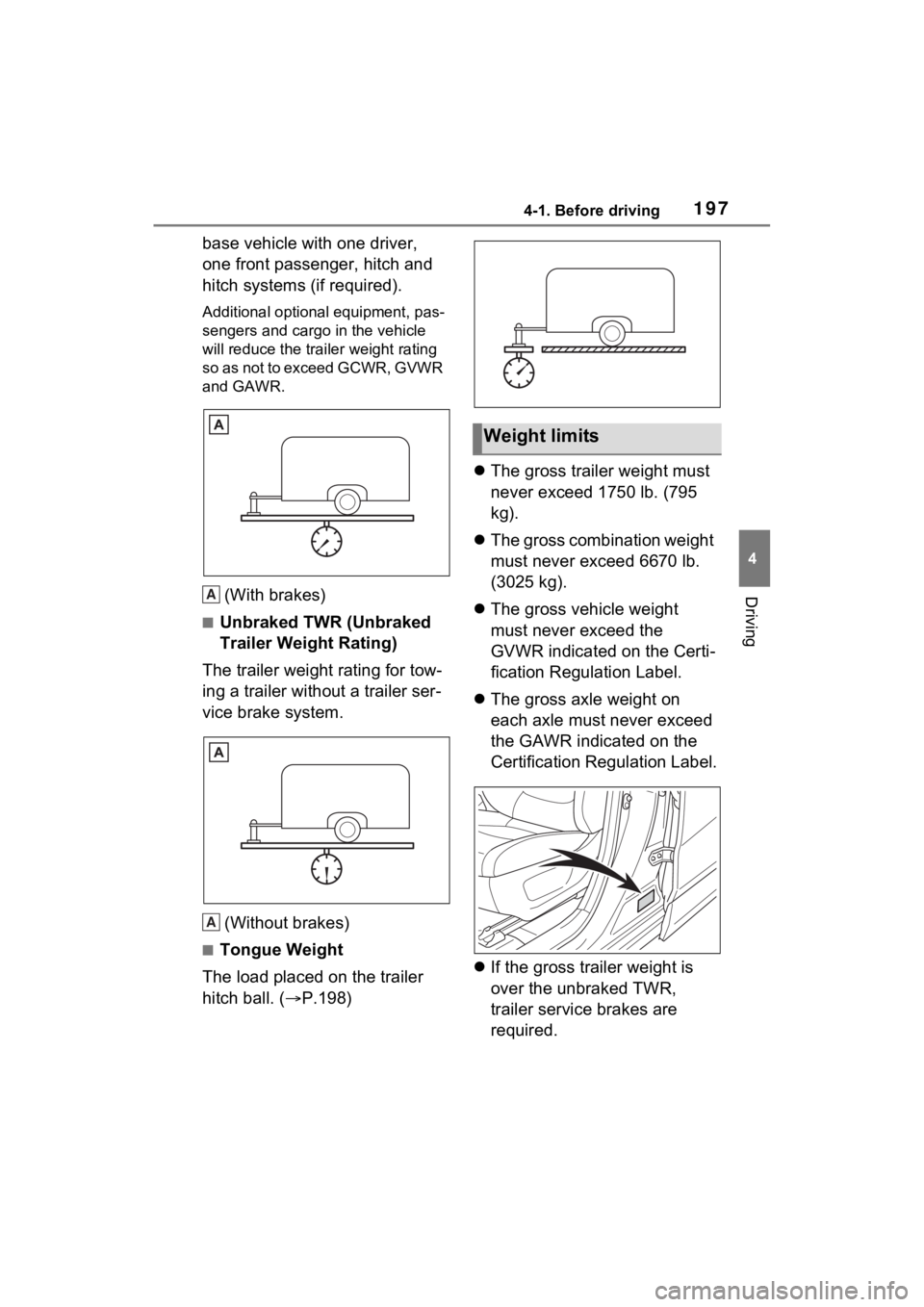 TOYOTA RAV4 HYBRID 2022  Owners Manual 1974-1. Before driving
4
Driving
base vehicle with one driver, 
one front passenger, hitch and 
hitch systems (if required).
Additional optional equipment, pas-
sengers and cargo in the vehicle 
will 