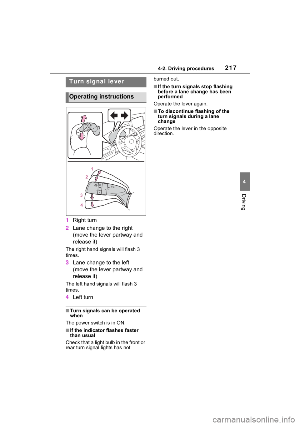 TOYOTA RAV4 HYBRID 2022  Owners Manual 2174-2. Driving procedures
4
Driving
1Right turn
2 Lane change to the right 
(move the lever partway and 
release it)
The right hand signals will flash 3 
times.
3Lane change to the left 
(move the le