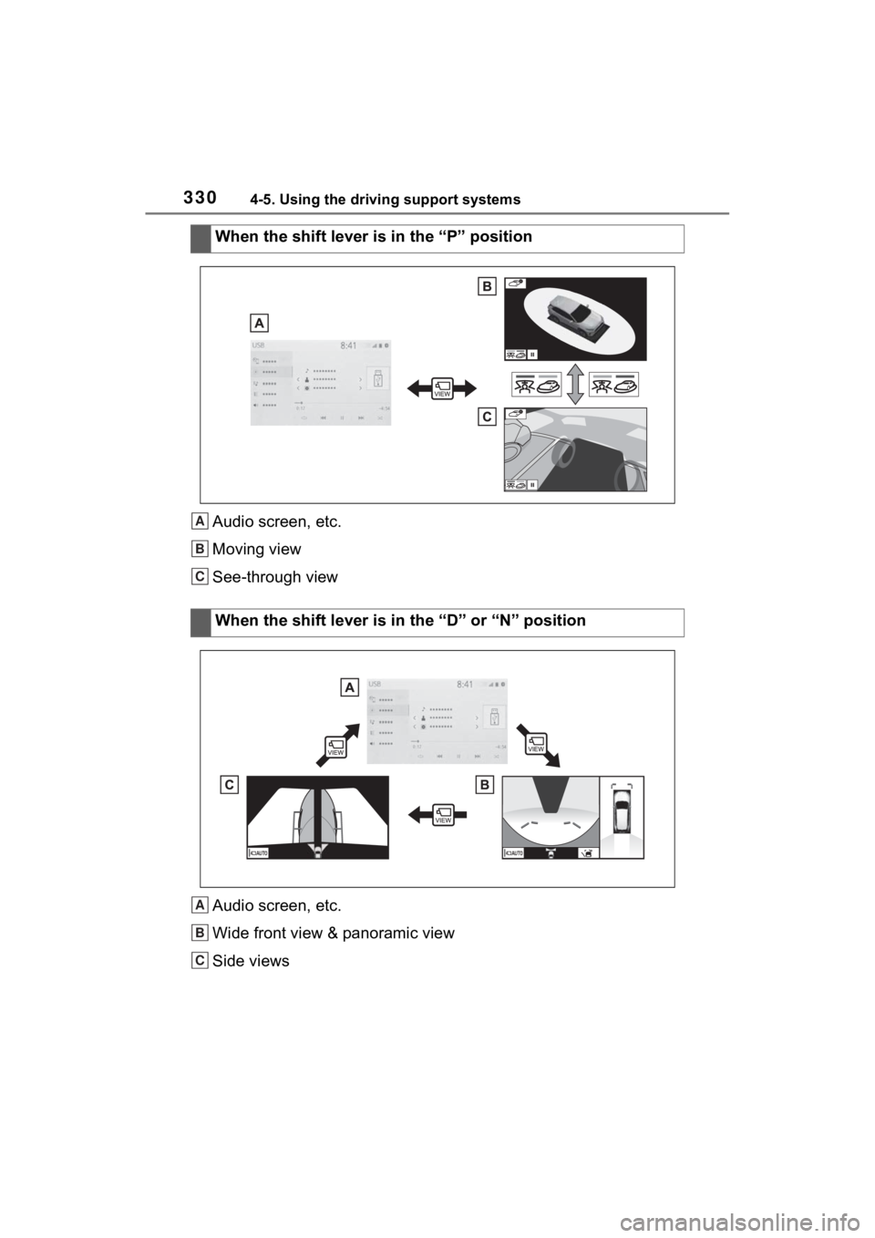 TOYOTA RAV4 HYBRID 2022  Owners Manual 3304-5. Using the driving support systems
Audio screen, etc.
Moving view
See-through view
Audio screen, etc.
Wide front view & panoramic view
Side viewsWhen the shift lever is in the “P” position
