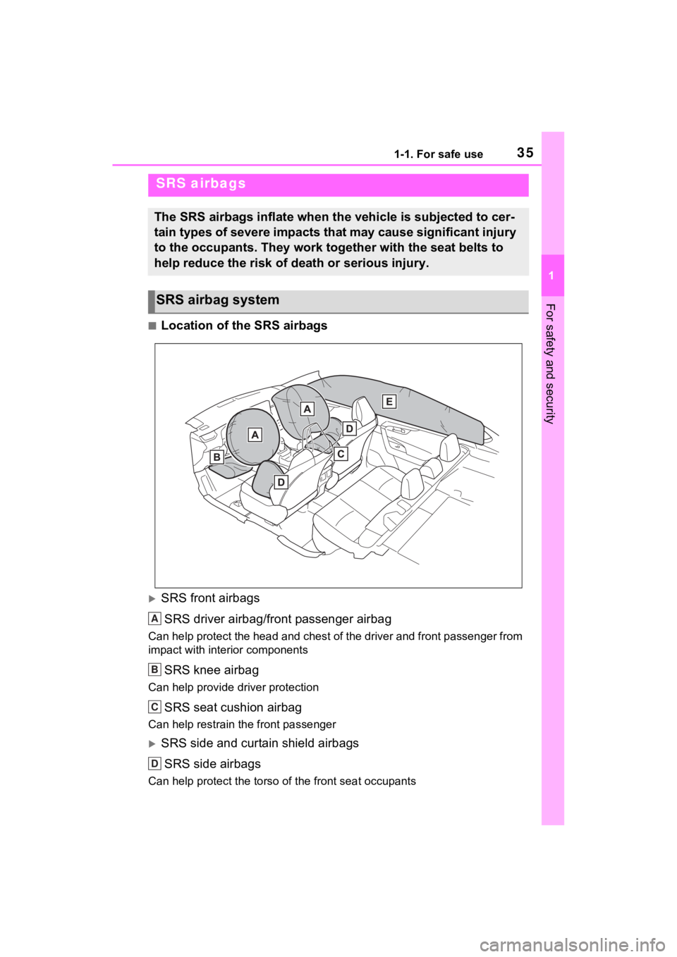 TOYOTA RAV4 HYBRID 2022  Owners Manual 351-1. For safe use
1
For safety and security
■Location of the SRS airbags
SRS front airbagsSRS driver airbag/front passenger airbag
Can help protect the head and chest of the driver and front pa