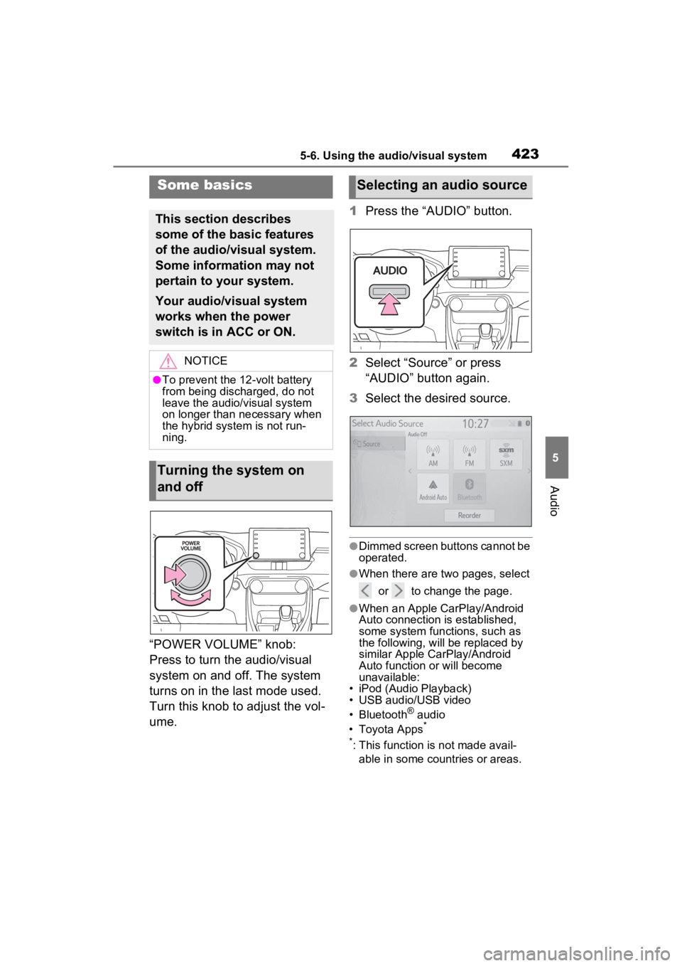 TOYOTA RAV4 HYBRID 2022  Owners Manual 4235-6. Using the audio/visual system
5
Audio
“POWER VOLUME” knob: 
Press to turn the audio/visual 
system on and off. The system 
turns on in the last mode used. 
Turn this knob to adjust the vol