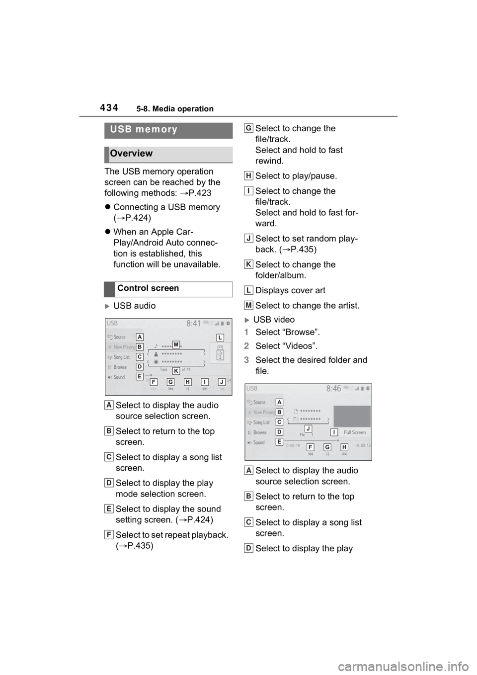 TOYOTA RAV4 HYBRID 2022  Owners Manual 4345-8. Media operation
5-8.Media operation
The USB memory operation 
screen can be reached by the 
following methods: P.423
 Connecting a USB memory 
( P.424)
 When an Apple Car-
Play/And