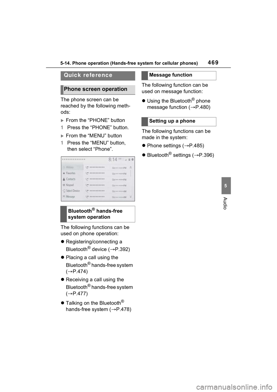 TOYOTA RAV4 HYBRID 2022  Owners Manual 4695-14. Phone operation (Hands-free system for cellular phones)
5
Audio
5-14.Phone operation (Hands-free system for cellular phones)
The phone screen can be 
reached by the following meth-
ods:
Fr