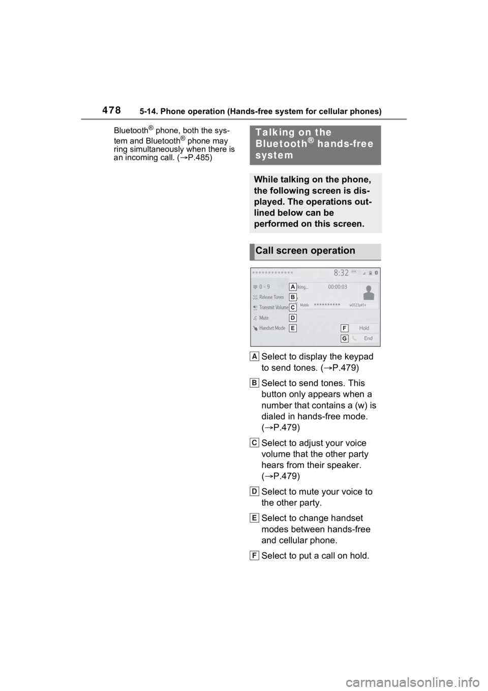 TOYOTA RAV4 HYBRID 2022  Owners Manual 4785-14. Phone operation (Hands-free system for cellular phones)
Bluetooth® phone, both the sys-
tem and Bluetooth® phone may 
ring simultaneously when there is 
an incoming call. ( P.485)
Select