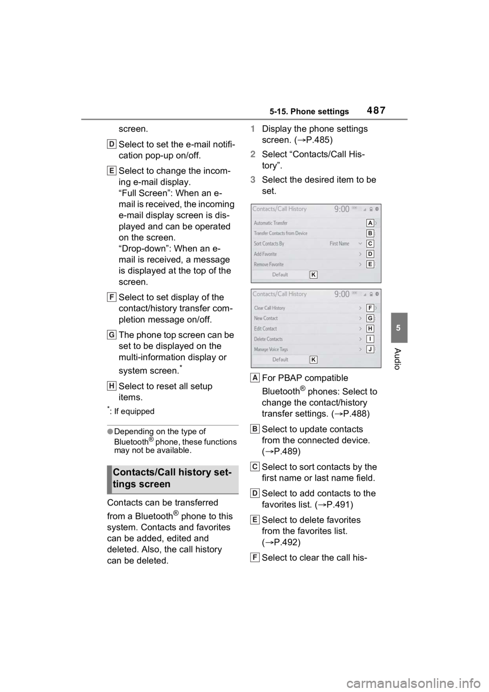 TOYOTA RAV4 HYBRID 2022  Owners Manual 4875-15. Phone settings
5
Audio
screen.
Select to set the e-mail notifi-
cation pop-up on/off.
Select to change the incom-
ing e-mail display.
“Full Screen”: When an e-
mail is received, the incom