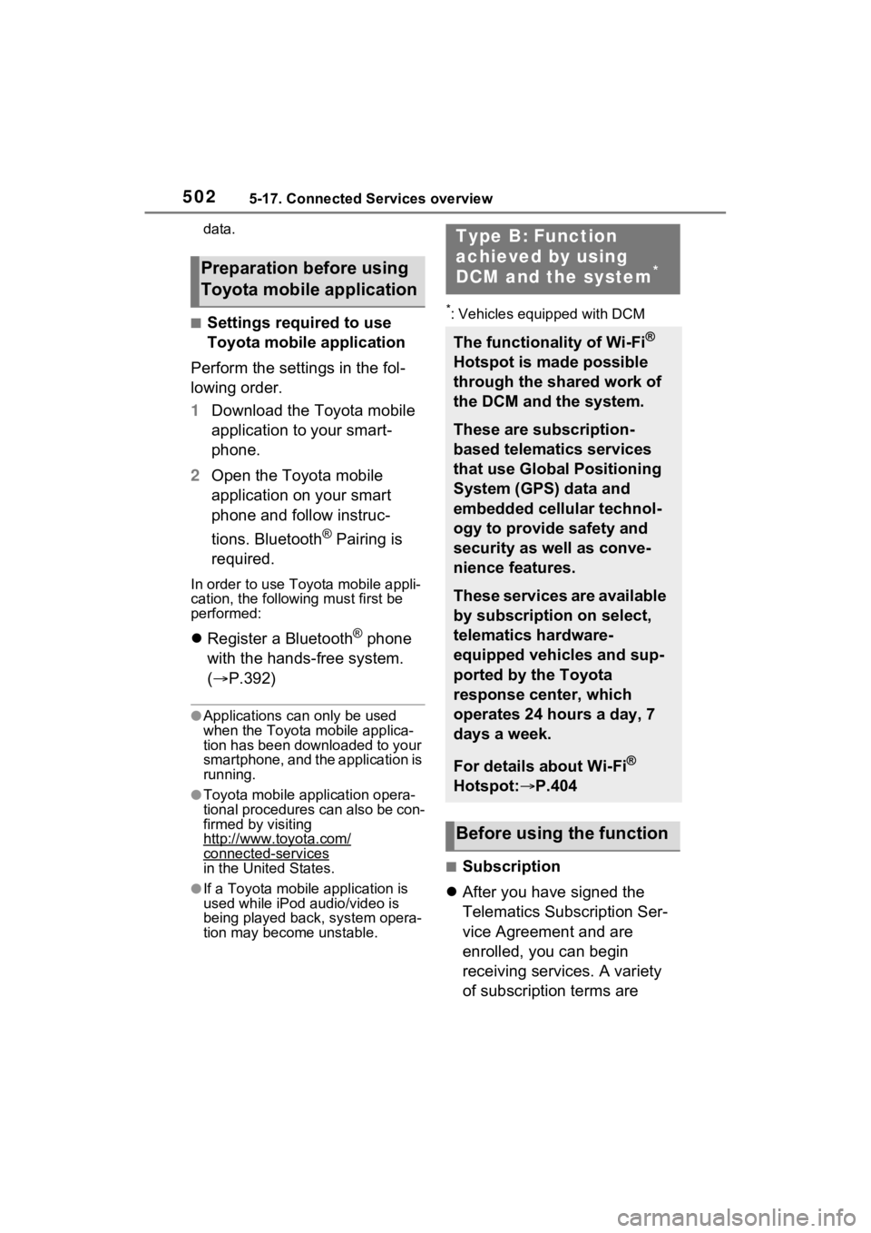 TOYOTA RAV4 HYBRID 2022  Owners Manual 5025-17. Connected Services overview
data.
■Settings required to use 
Toyota mobile application
Perform the settings in the fol-
lowing order.
1 Download the Toyota mobile 
application to your smart