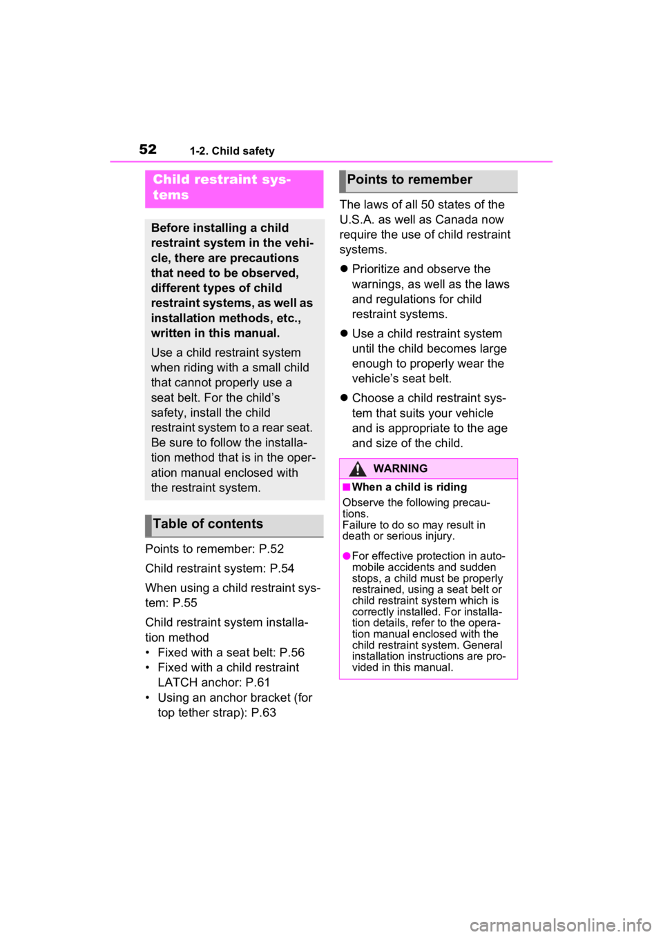 TOYOTA RAV4 HYBRID 2022  Owners Manual 521-2. Child safety
Points to remember: P.52
Child restraint system: P.54
When using a child restraint sys-
tem: P.55
Child restraint system installa-
tion method
• Fixed with a seat belt: P.56
• 