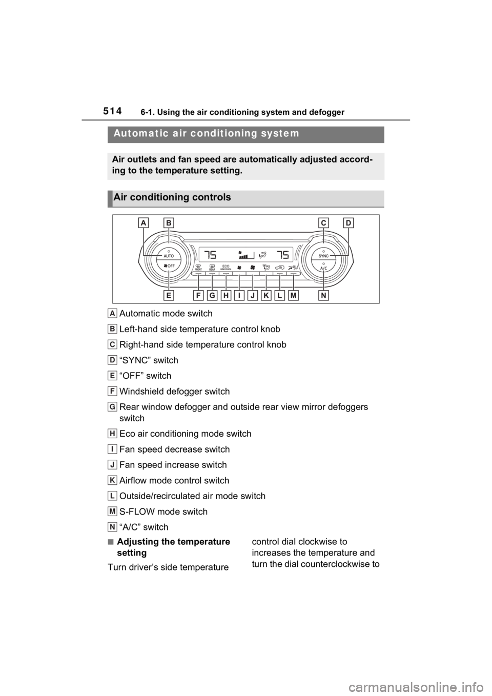 TOYOTA RAV4 HYBRID 2022  Owners Manual 5146-1. Using the air conditioning system and defogger
6-1.Using the air conditioning system and defogger
Automatic mode switch
Left-hand side temperature control knob
Right-hand side temperature cont