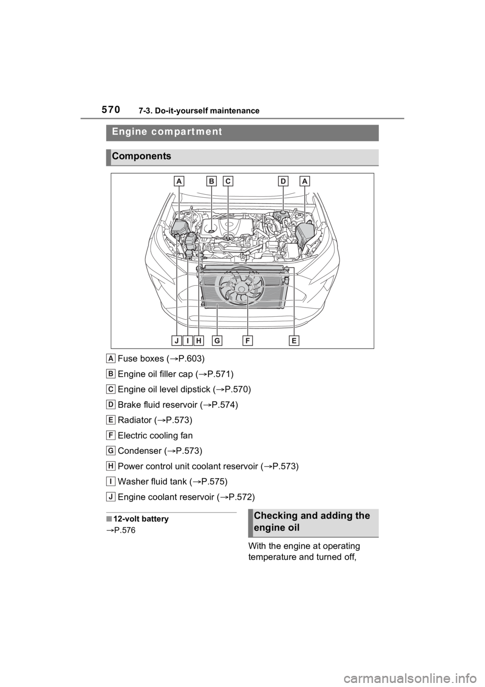 TOYOTA RAV4 HYBRID 2022  Owners Manual 5707-3. Do-it-yourself maintenance
Fuse boxes (P.603)
Engine oil filler cap ( P.571)
Engine oil level dipstick ( P.570)
Brake fluid reservoir ( P.574)
Radiator ( P.573)
Electric cooling