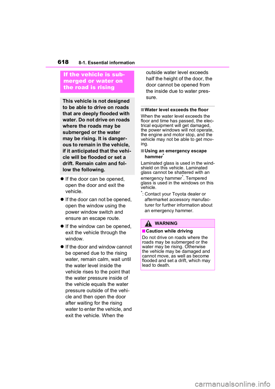 TOYOTA RAV4 HYBRID 2022  Owners Manual 6188-1. Essential information
If the door can be opened, 
open the door and exit the 
vehicle. 
 If the door can not be opened, 
open the window using the 
power window switch and 
ensure an esc